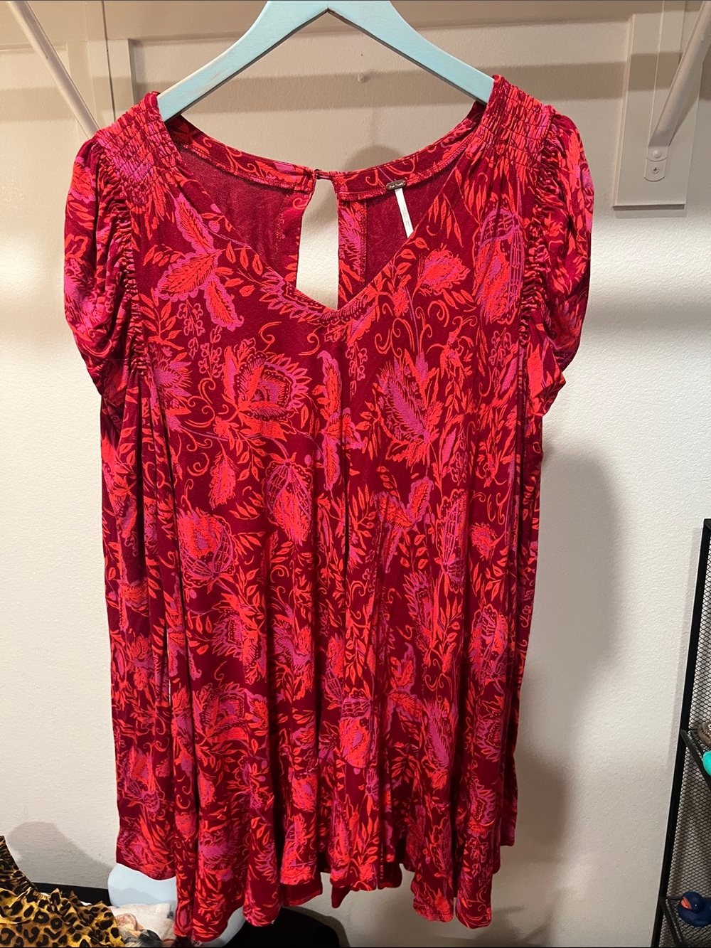 Free People Red and Pink Floral V-Neck Short Sleeve Tunic